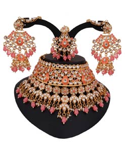 Pink Alloy Austrian Diamonds and Kundan Necklace Set With Earrings and Maang Tikka 272642