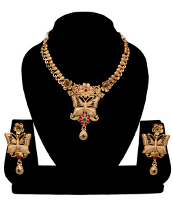 Golden Alloy Austrian Diamonds and Kundan Necklace With Earrings 272651