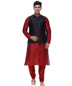 Red Silk Readymade Kurta Pajama With Jacket 92935