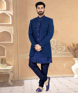 Navy Blue Georgette Jacket Style Sherwani 263254