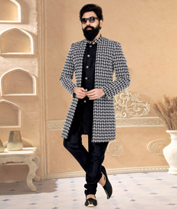 Black Cotton Silk Jacket Style Sherwani 263267