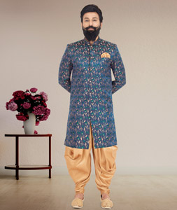 Blue Jacquard Silk Indo Western Suit 271616