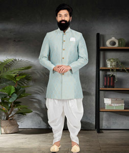 Sky Blue Jacquard Silk Indo Western Suit 271621
