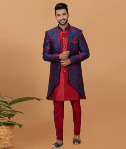 Red Jacquard Silk Indo Western Sherwani 273092