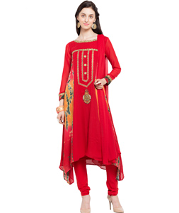 Red Faux Georgette Readymade Churidar Suit 230407