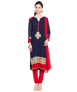 Navy Blue Faux Georgette Readymade Churidar Suit 230415