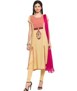 Beige Cotton Readymade Churidar Suit 230426