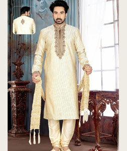 Cream Art Dupian Silk Party Wear Kurta With Churidar 47731