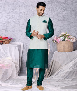 Green Banarasi Kurta Pajama With Jacket 265289