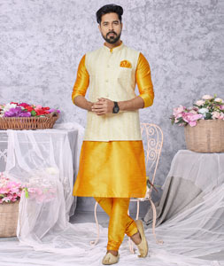 Mustard Banarasi Kurta Pajama With Jacket 265291