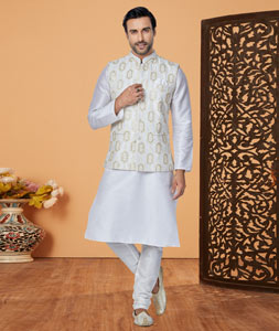 White Banarasi Kurta Pajama With Jacket 265296