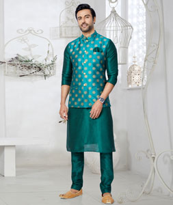 Green Banarasi Kurta Pajama With Jacket 268557