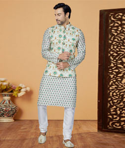 Green Polyester Kurta Pajama With Jacket 269044