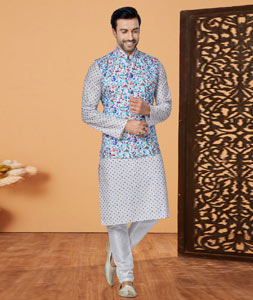 Off White Polyester Kurta Pajama With Jacket 269045