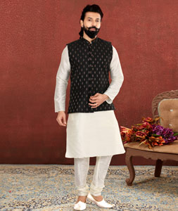 White Dupion Silk Kurta Pajama With Jacket 238529