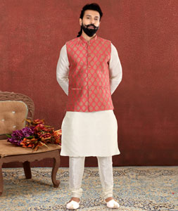 White Dupion Silk Kurta Pajama With Jacket 238532