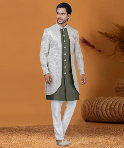 Mehndi Jacquard Silk Jacket Style Sherwani 276572