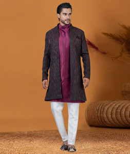 Wine Jacquard Silk Jacket Style Sherwani 276574