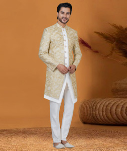 White Jacquard Silk Jacket Style Sherwani 276576