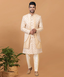 Off White Jacquard Silk Jacket Style Sherwani 276578