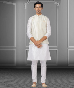 White Dupion Raw Silk Kurta Pajama With Jacket 250183