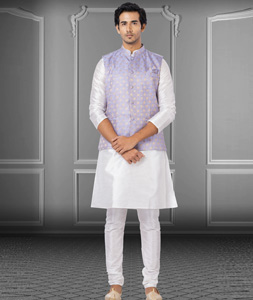 White Dupion Raw Silk Kurta Pajama With Jacket 250187
