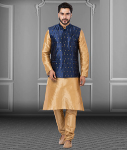 Golden Dupion Raw Silk Kurta Pajama With Jacket 250193