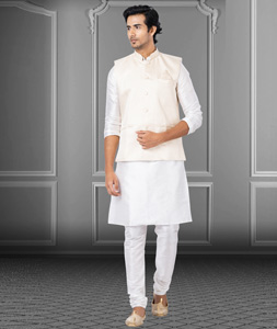 White Dupion Raw Silk Kurta Pajama With Jacket 250195