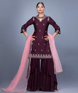 Wine Raw Silk Pakistani Suit 271227