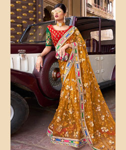 Orange Net Saree With Blouse 254732