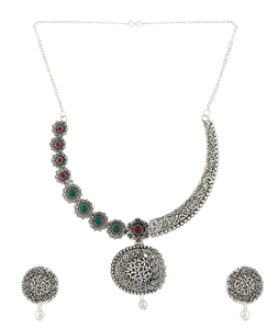 Green Alloy Necklace Set With Earrings 224635