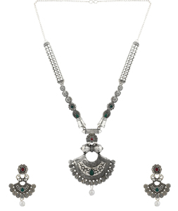 Green Alloy Necklace Set With Earrings 224642