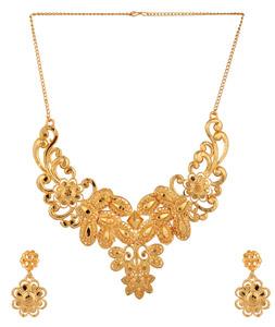 Golden Alloy Necklace Set With Earrings 224657