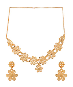 Golden Alloy Necklace Set With Earrings 224661