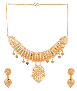 Golden Alloy Necklace Set With Earrings 224662