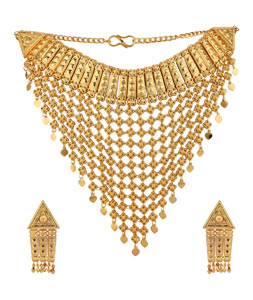 Golden Alloy Necklace Set With Earrings 224663