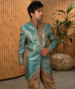 Turquoise Silk Readymade Indo Western Suit 204401