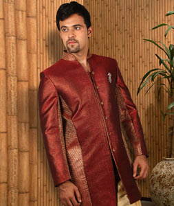 Maroon Brocade Readymade Indo Western Suit 204404