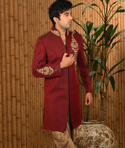 Maroon Brocade Readymade Indo Western Suit 204407