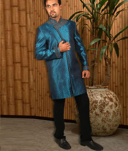 Blue Brocade Readymade Jodhpuri Suit 204417