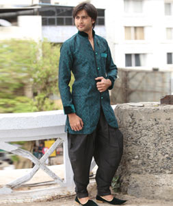 Turquoise Brocade Readymade Indo Western Kurta 204434