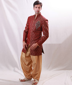 Maroon Brocade Readymade Indo Western Suit 204446