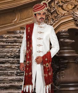 Off White Brocade Readymade Sherwani 204348