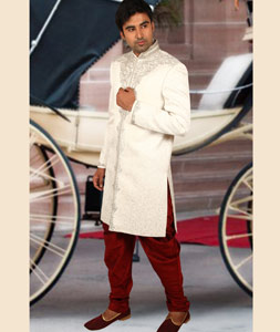 White Brocade Readymade Sherwani 204352