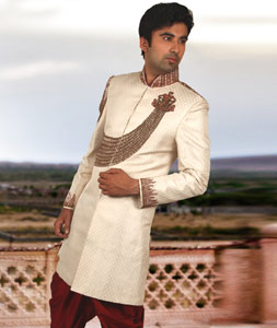 Cream Brocade Readymade Sherwani 204353