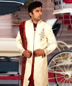 Cream Brocade Readymade Sherwani 204358