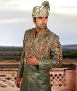 Green Brocade Readymade Sherwani 204360