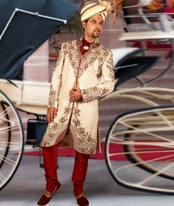 Cream Brocade Readymade Sherwani 204361