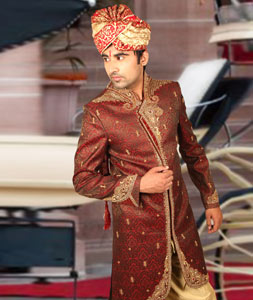 Maroon Brocade Readymade Indo Western Sherwani 204368