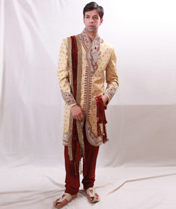 Cream Brocade Readymade Sherwani 204370